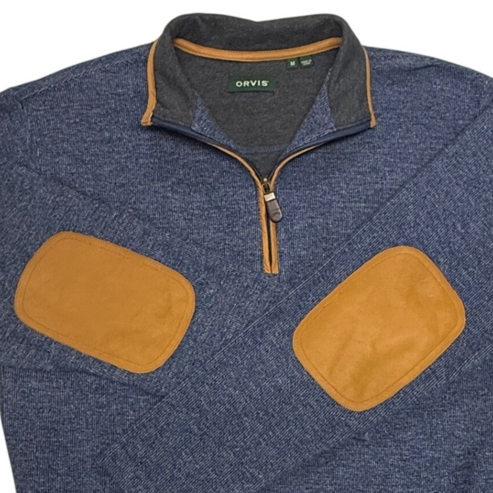 Orvis‎ Sweater Men Medium Blue Pullover 1/4 Zip Leather Elbow Patches Trim